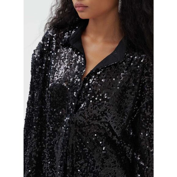 NWT 4th Reckless Black Sequin Oversized Button Up Shirt - Picture 2 of 12